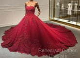 Strapless Dark Red Ball Gown Lace Appliques Pearls Crystals Sequins Beaded Wedding Dresses Semi Formal Prom Dress